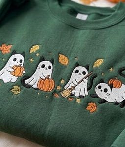 Halloween Cat Ghost Embroidered Shirt, Cute Ghost Embroidery Sweatshirt, Boo Ghost Hoodie, Fall Lover Gift, Fall Quotes Hoodie